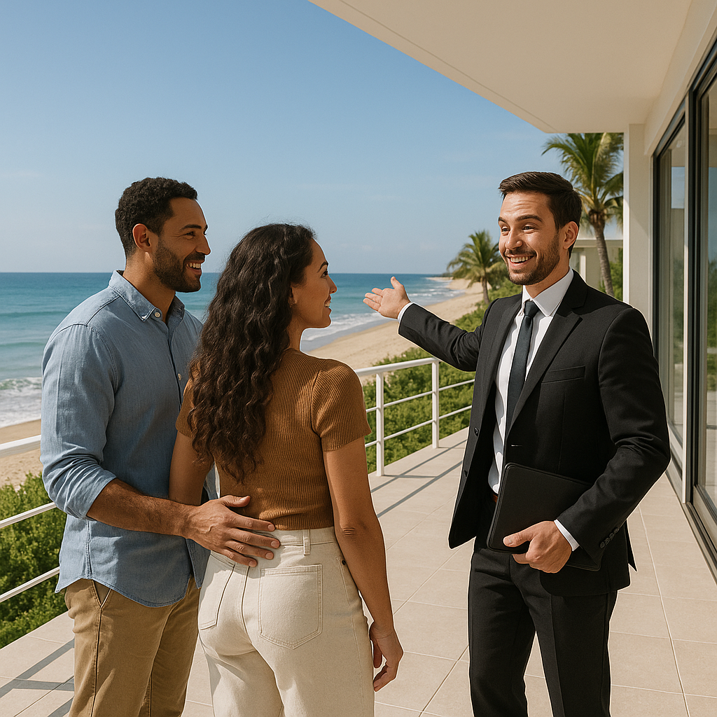 Ejendomsmægler viser strandnær ejendom til potentielle købere