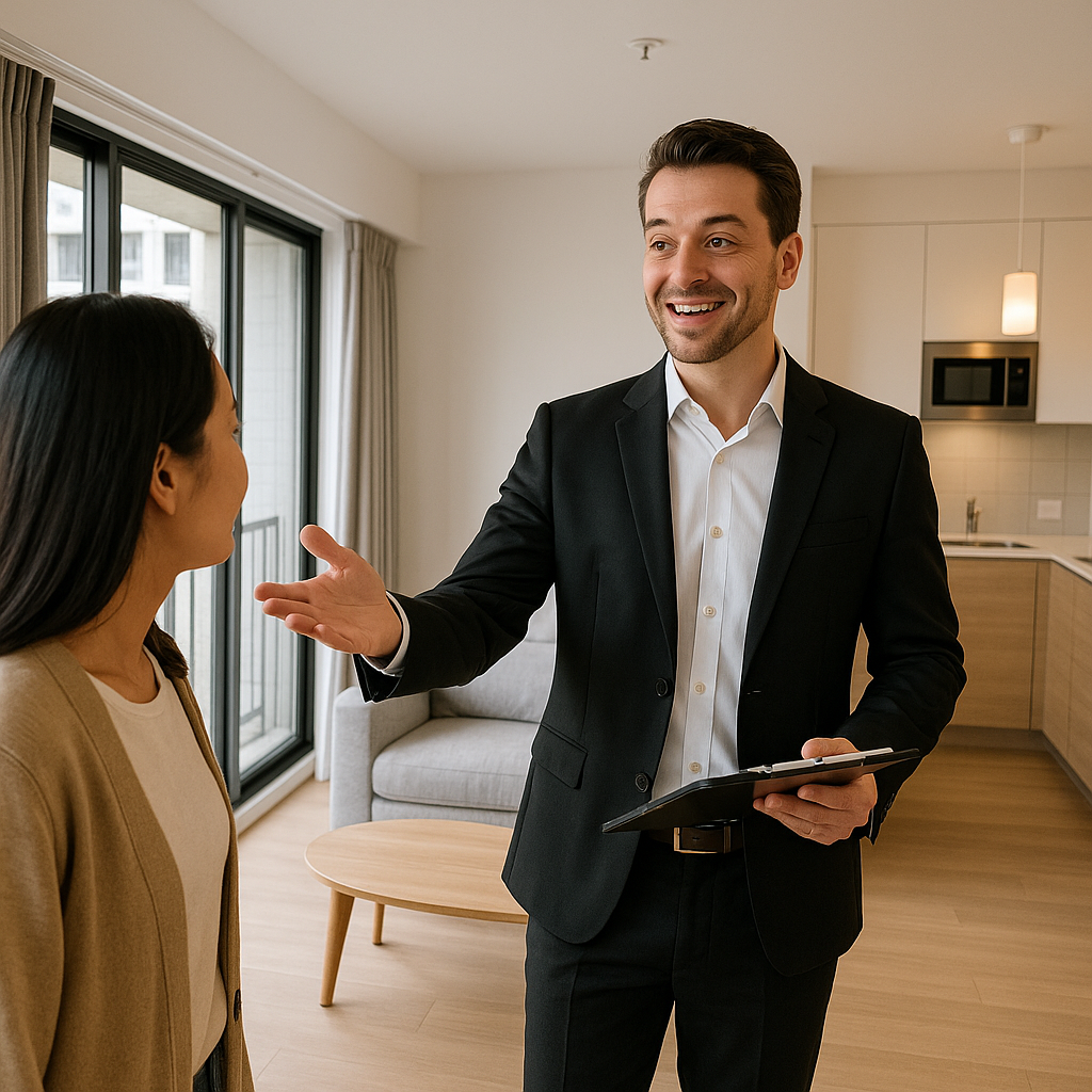 Ejendomsmægler præsenterer en ejerlejlighed i Thailand