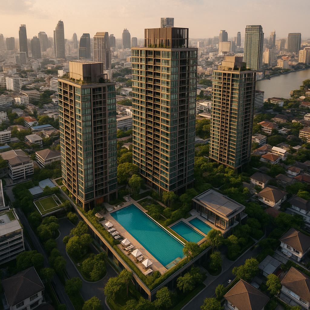 Luksuslejlighedskompleks i Bangkok med udsigt over skyline