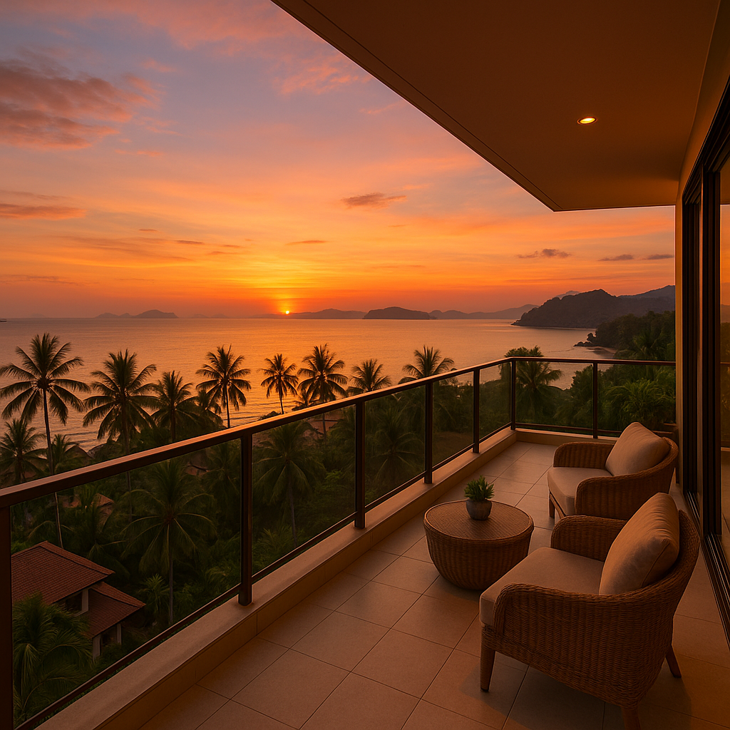Solnedgangsudsigt fra en luksuslejligheds altan i Thailand