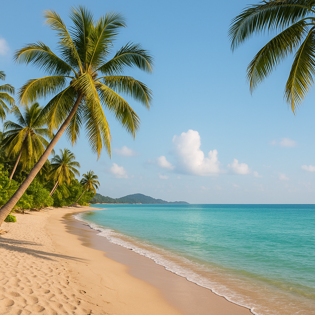 Fredfyldt strandscene på Koh Samui med palmer og turkisblåt vand