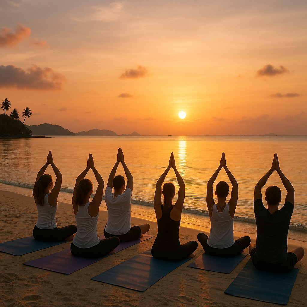 Gruppe, der praktiserer yoga på en strand ved solopgang i Koh Samui