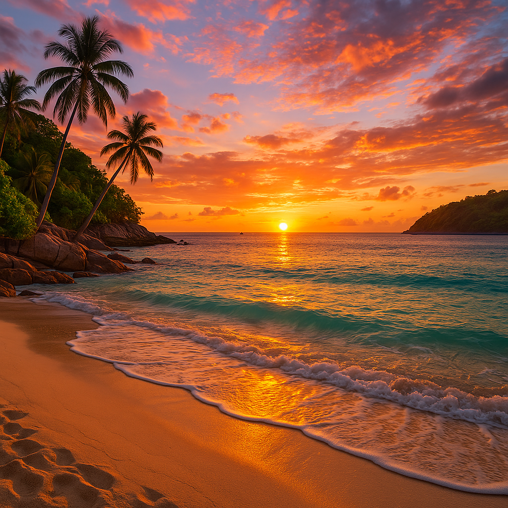 Smuk solnedgangsudsigt ved en strand i Phuket, Thailand