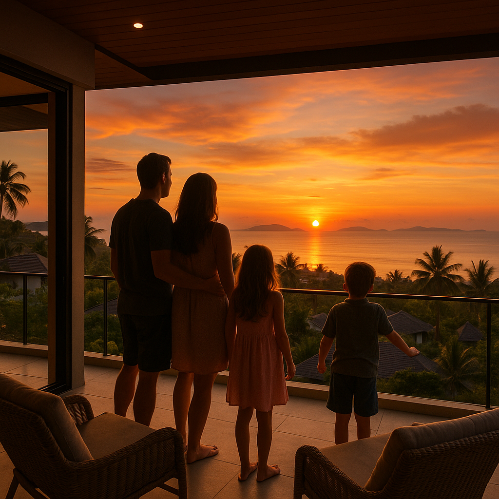 Familie nyder en solnedgang fra deres hjem i Koh Samui