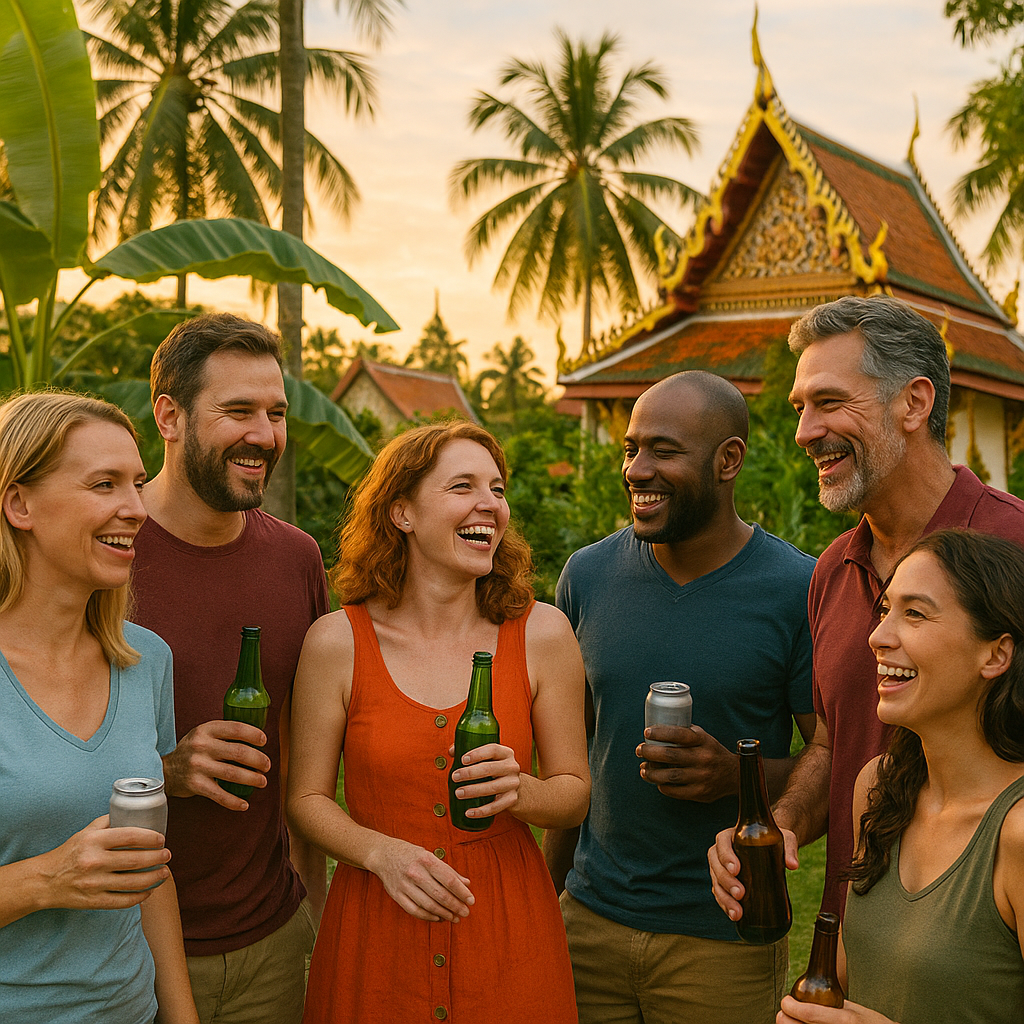 Expat-begivenhed i Thailand med mennesker, der socialiserer sig