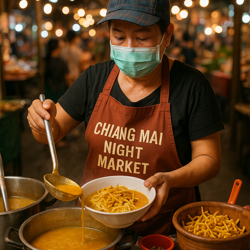 Chiang Mai natmarkedssælger forbereder Khao Soi