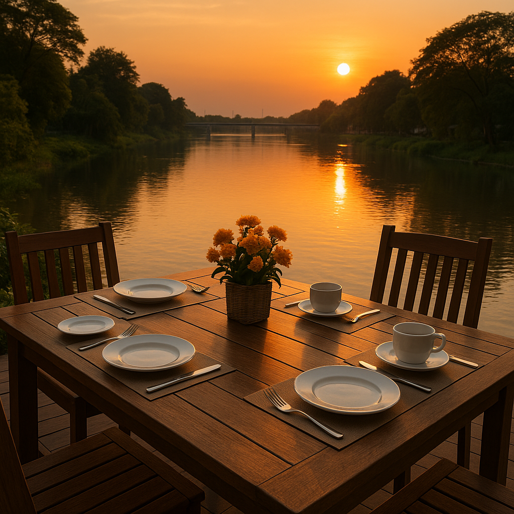 Spisning ved floden Ping med udsigt over solnedgangen