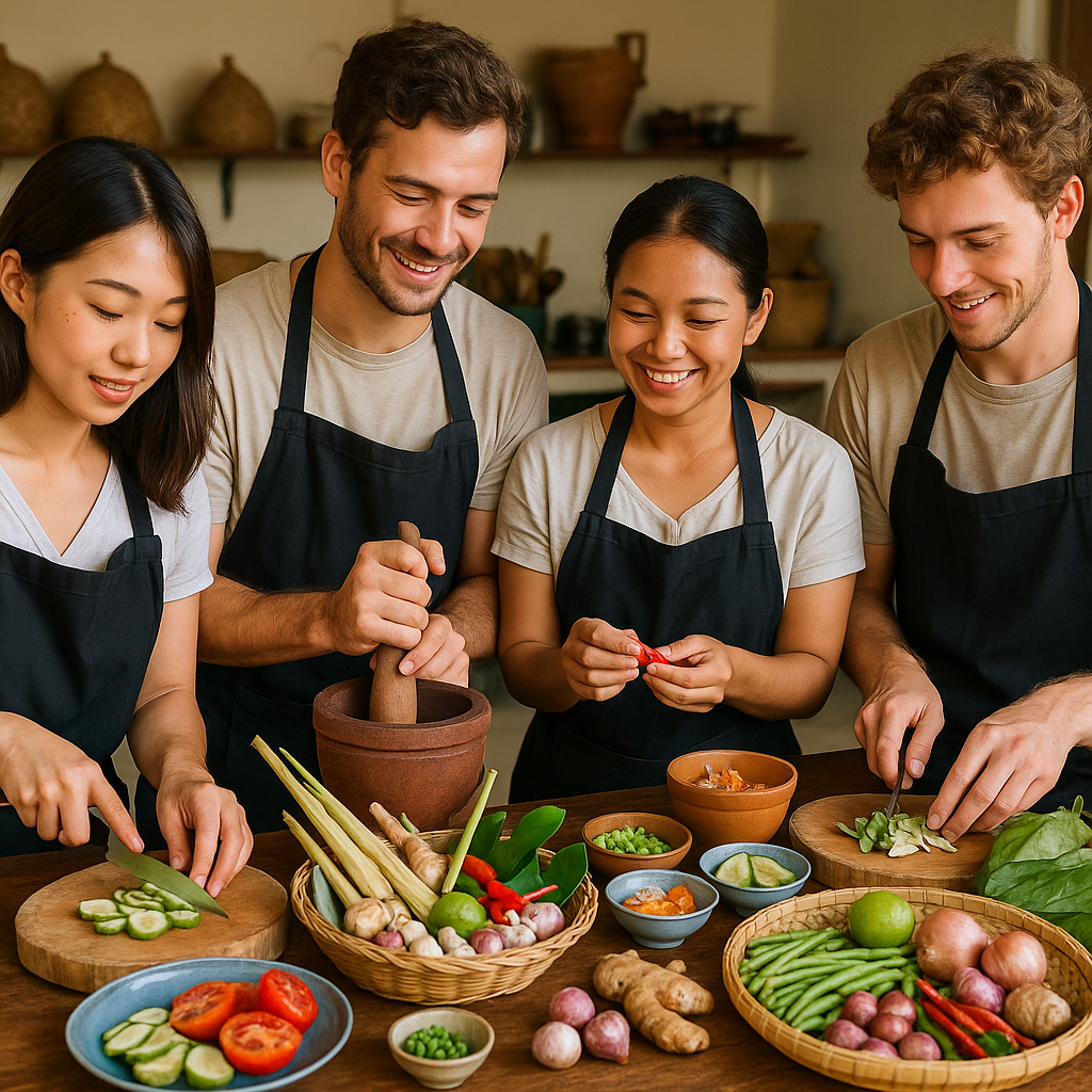 Deltagere i thailandsk madlavningskursus forbereder ingredienser