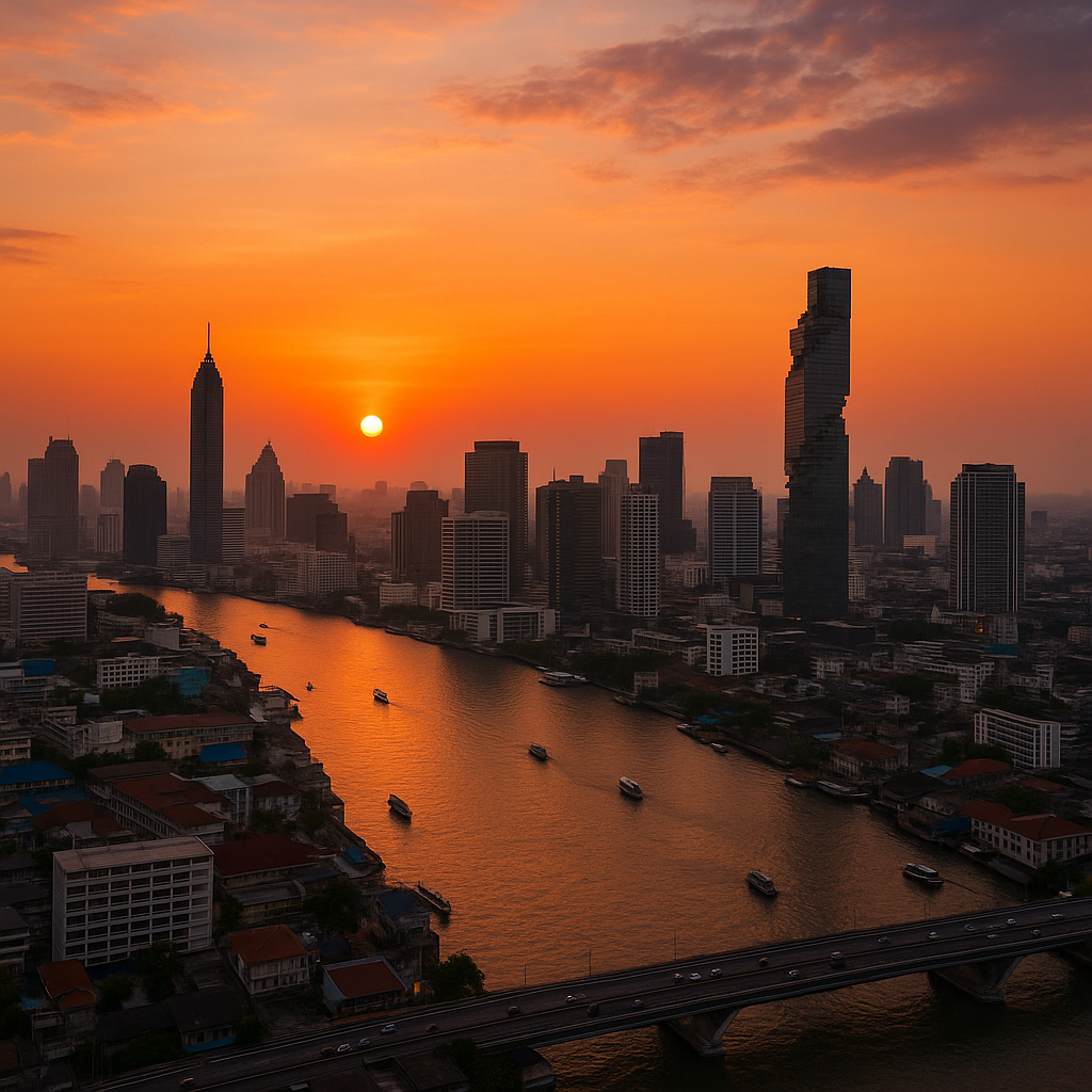 Solnedgang over Bangkoks skyline, ideel for expats
