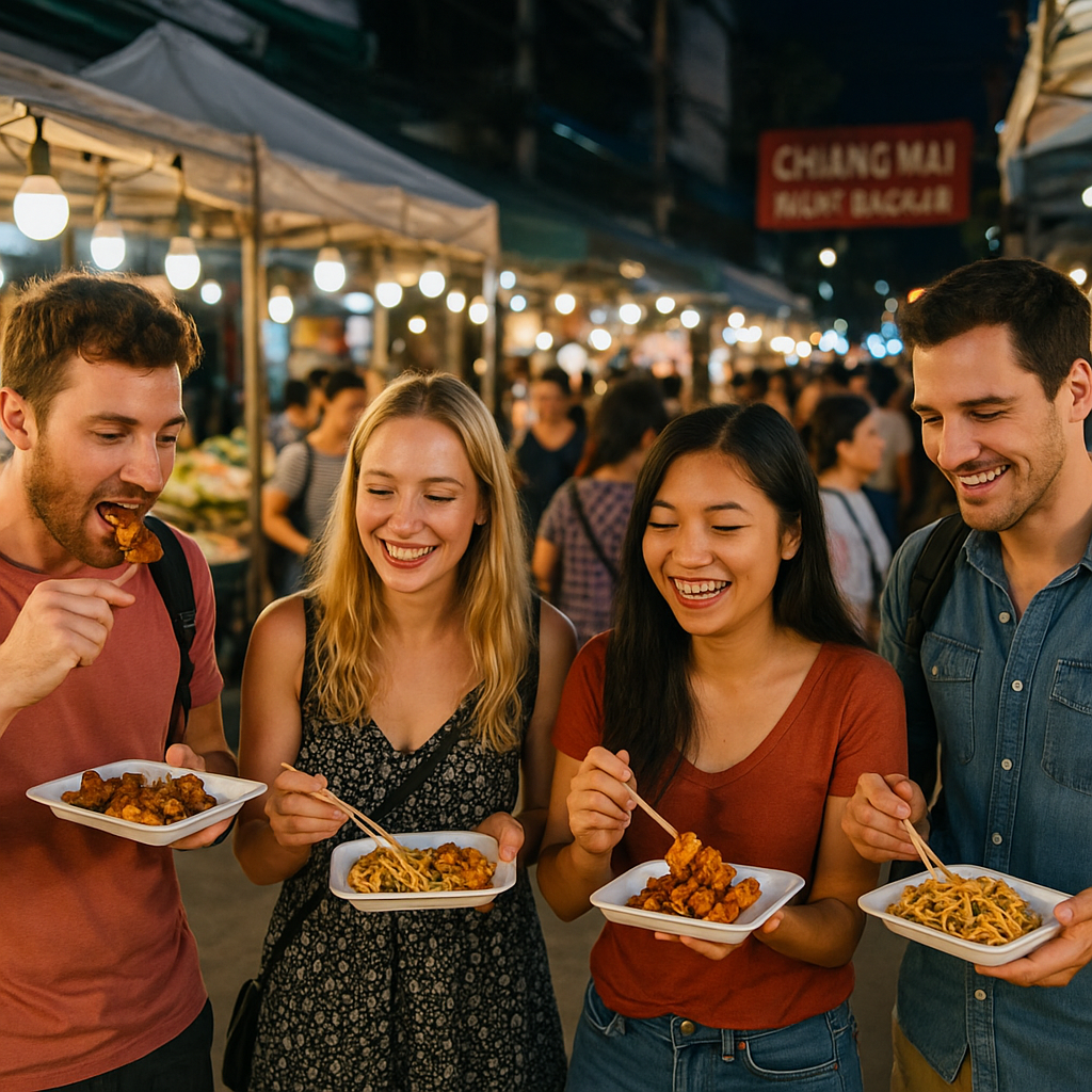 Turister nyder gadekøkken i Chiang Mai