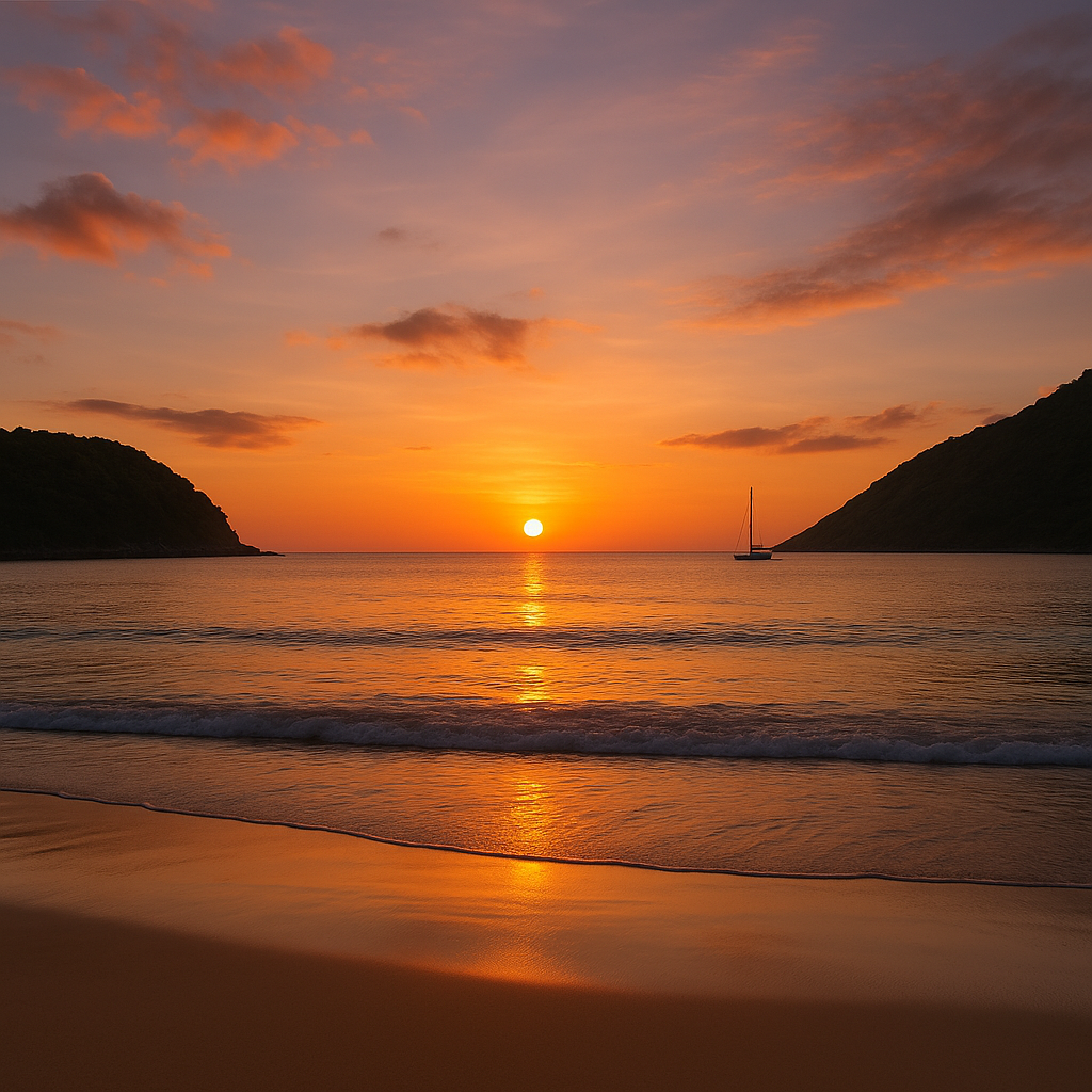 Fredfyldt solnedgangsudsigt ved Nai Harn Strand i Phuket