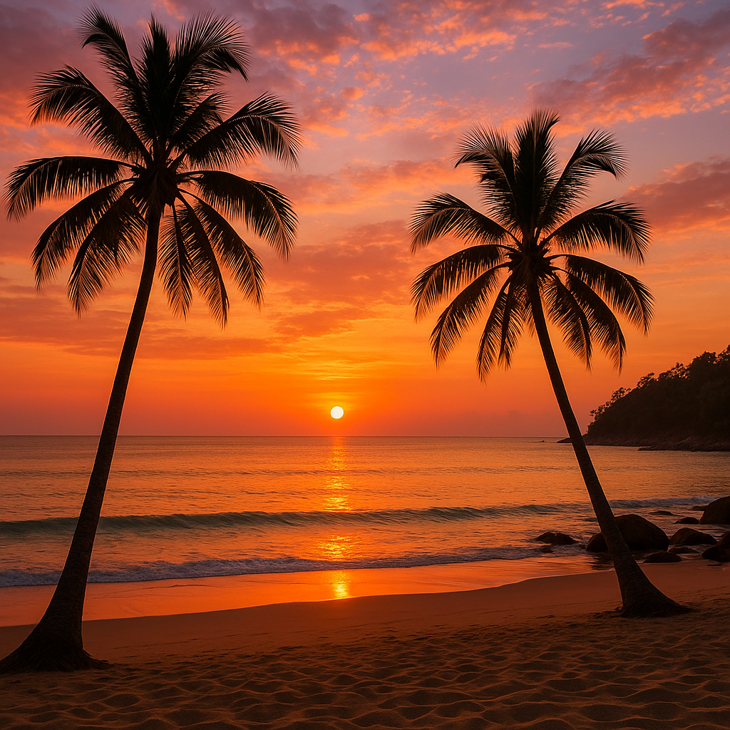 Smuk solnedgangsudsigt på en strand i Phuket, Thailand