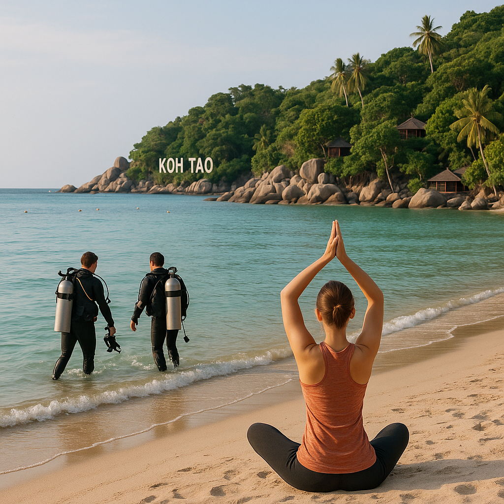 Fredfyldt strandscene på Koh Tao med dykkere og yogaentusiaster