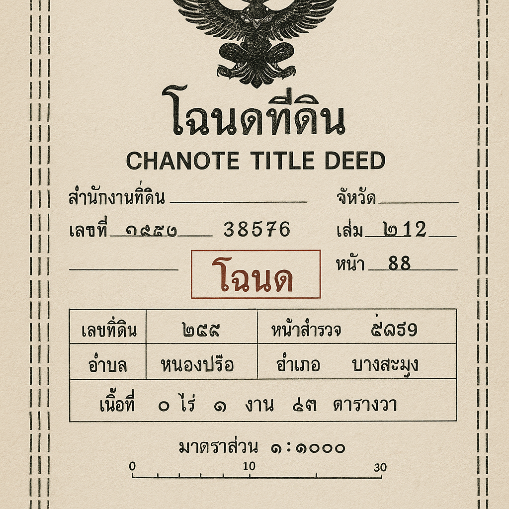 Eksempel på et Chanote skødedokument i Thailand