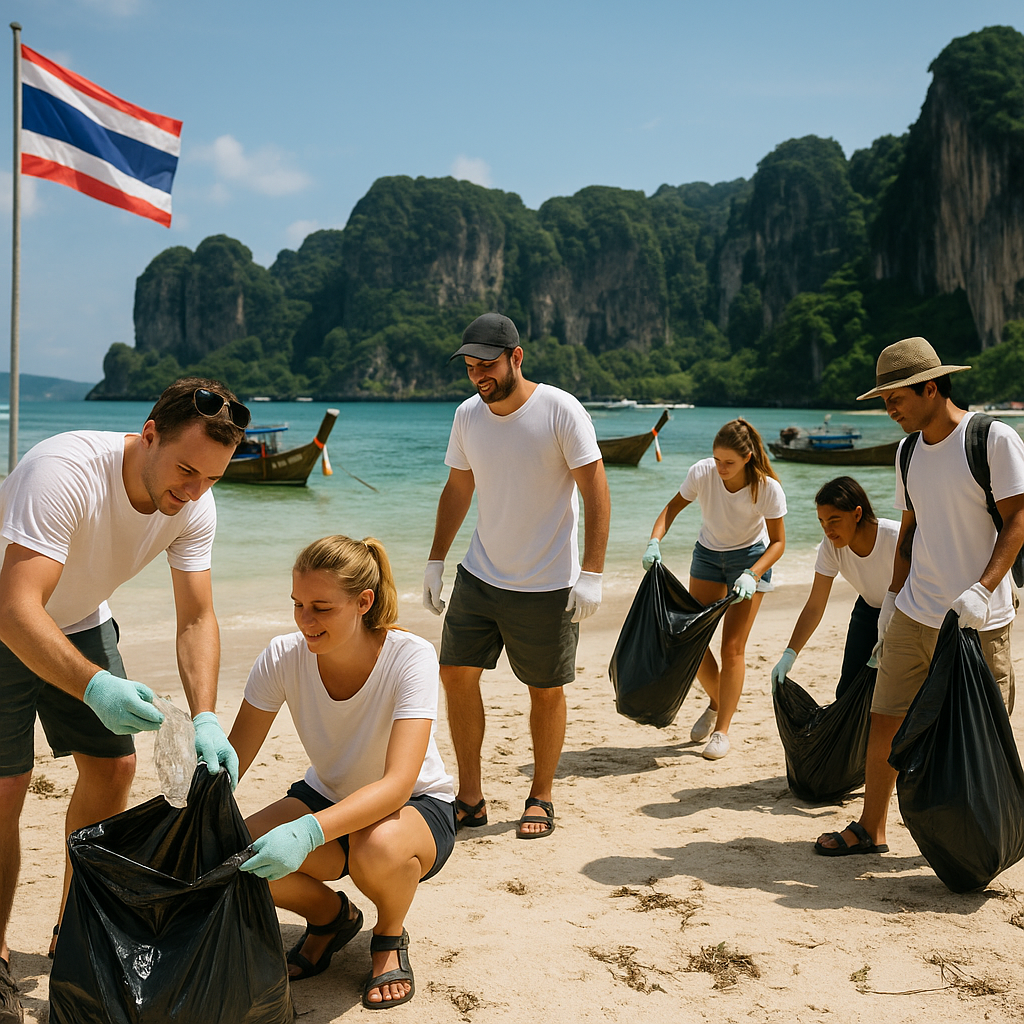 Turister deltager i en strandoprydning i Thailand