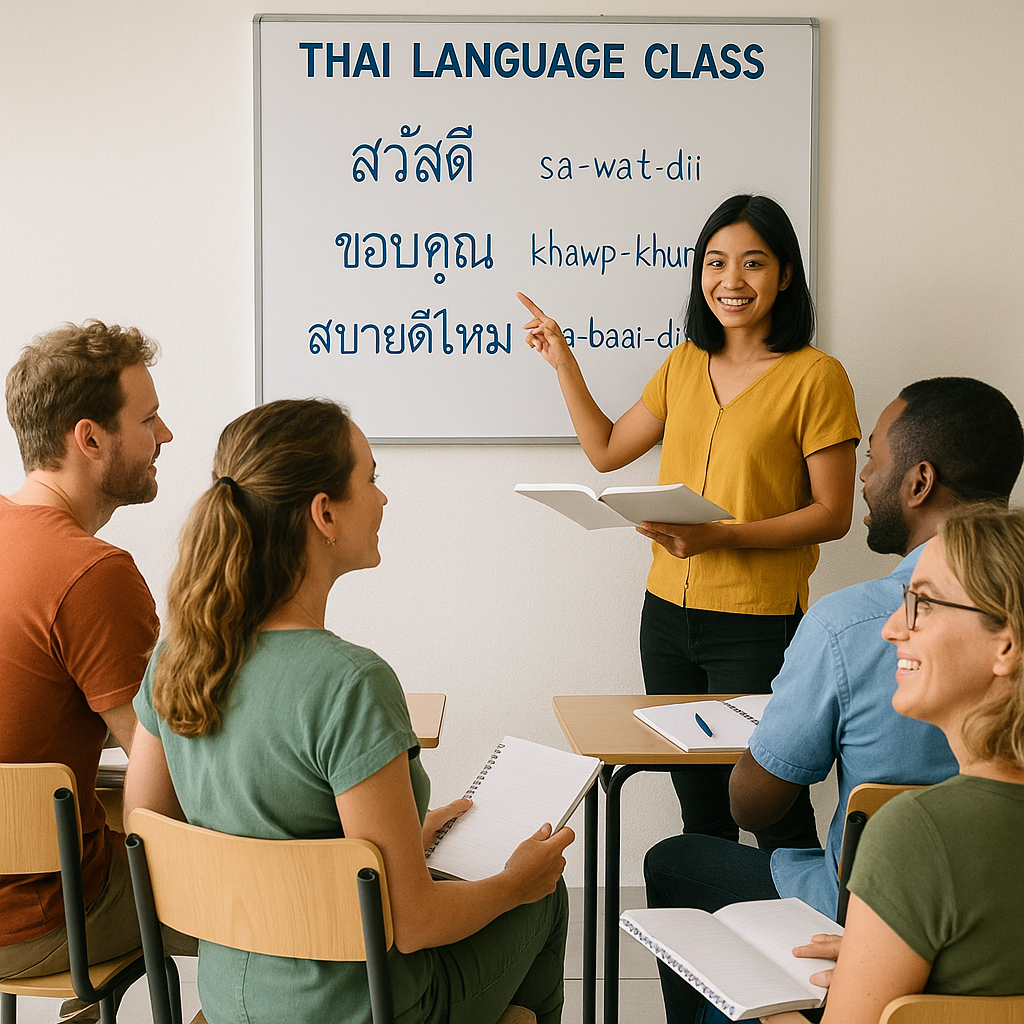 Udlændinge lærer thai i et klasselokale