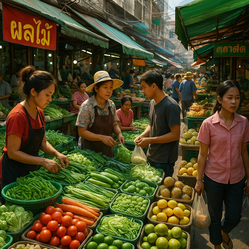Thailandsk gademarked med friske råvarer og lokale sælgere