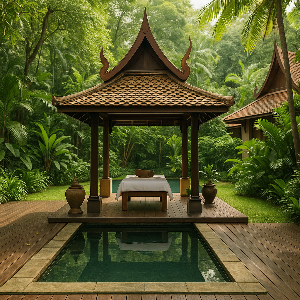 Rolig thailandsk spa omgivet af frodig grønne.