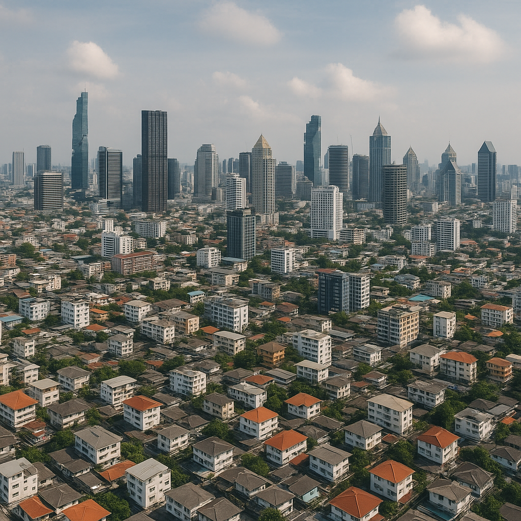 Luftfoto af Bangkoks skyline, der viser boligområder