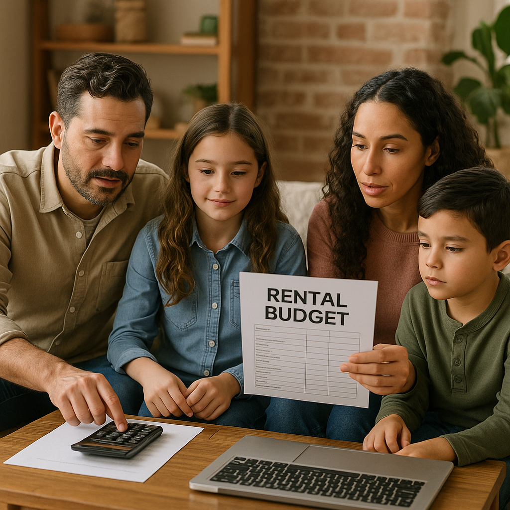 Familie beregner lejebudget i thailandsk dagligstue