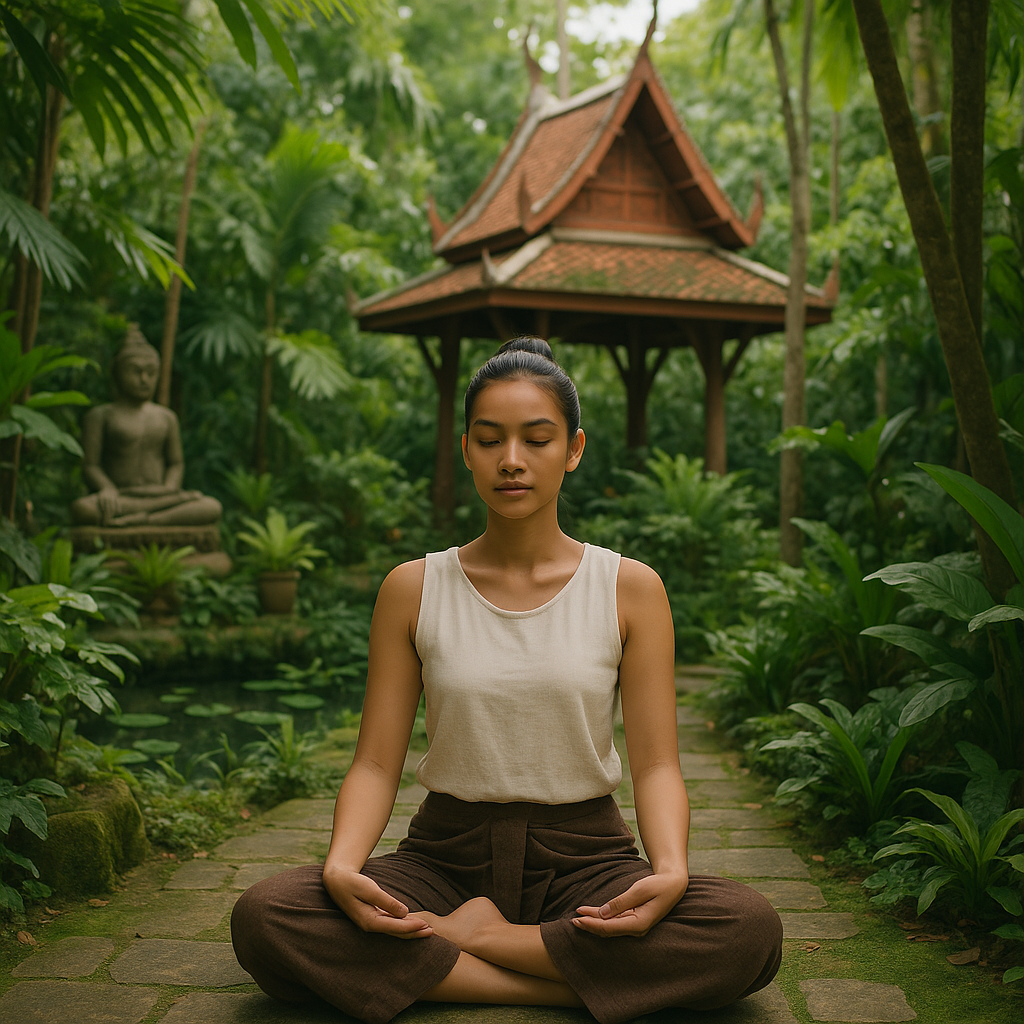 Meditationssession i en frodig thailandsk have