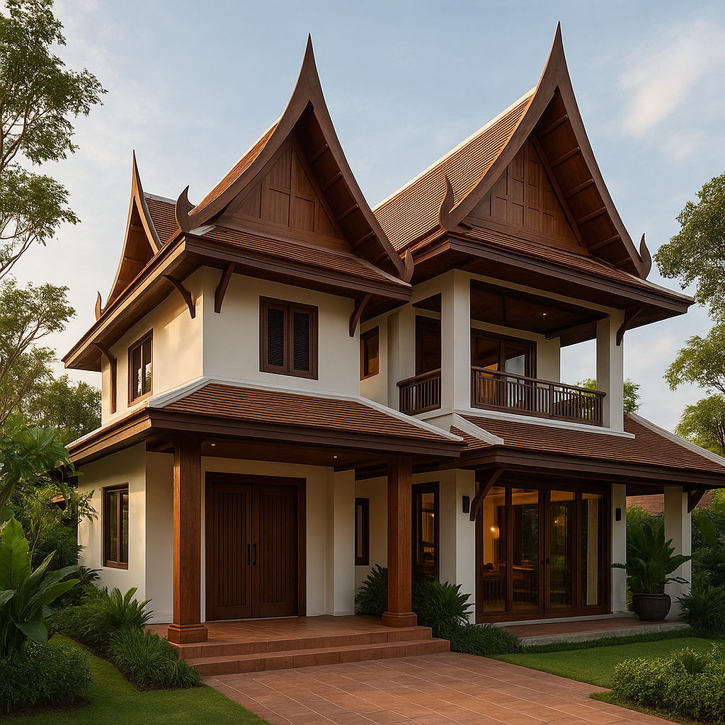 Moderne thailandsk hjem med traditionelle arkitekturelementer