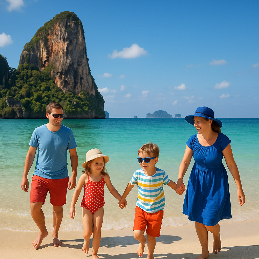 Familie på en strand i Thailand