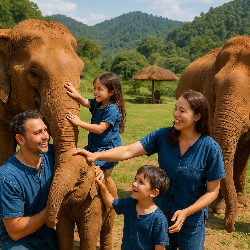 Familie i Elephant Nature Park i Chiang Mai