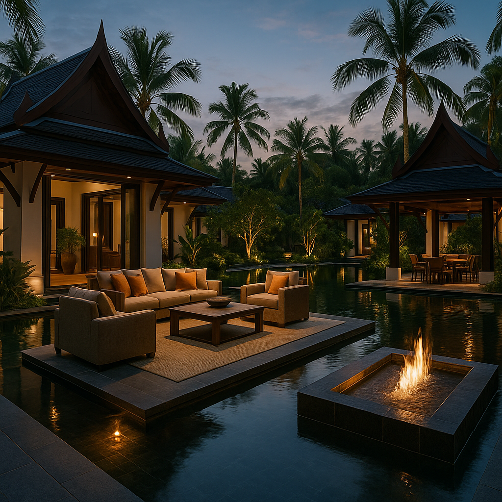 Luksuriøs udendørs opholdsrum med vandfunktioner i Thailand