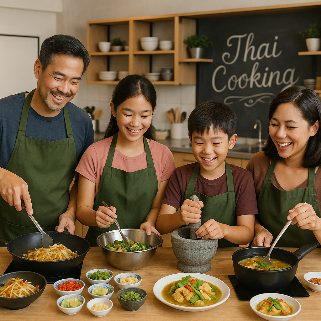 Familie laver thailandsk mad i en klasse