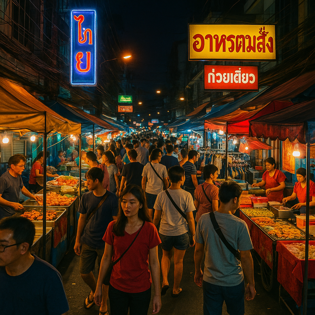 Livlig thailandsk gademarked om natten