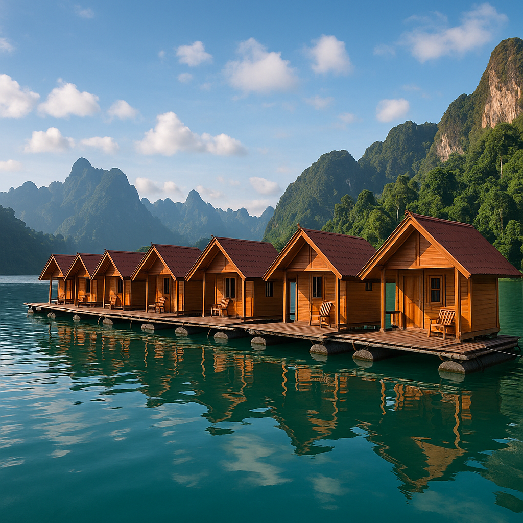 Flydende tømmerflådehuse på Cheow Lan-søen