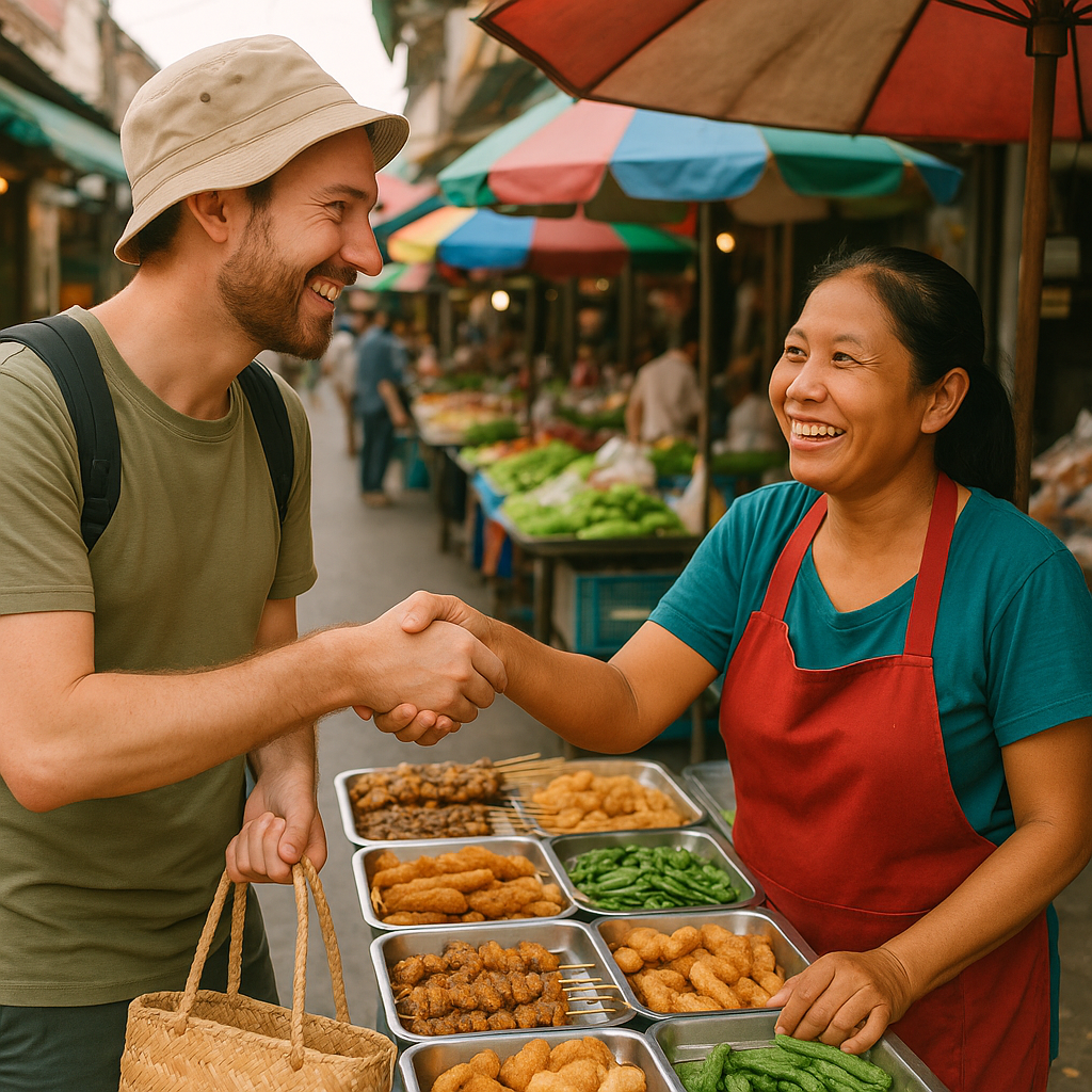 Turist forhandler med en sælger på et thailandsk marked