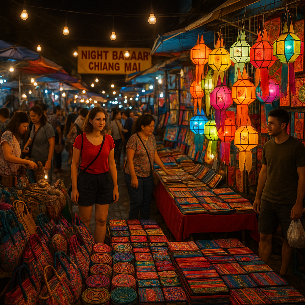 Chiang Mai natmarked med farverige håndværk