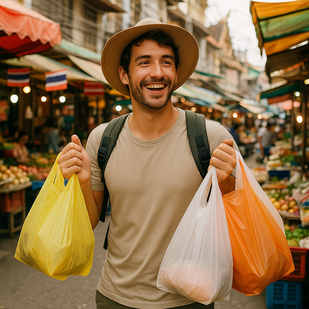 Glad rejsende shopper på et thailandsk gademarked