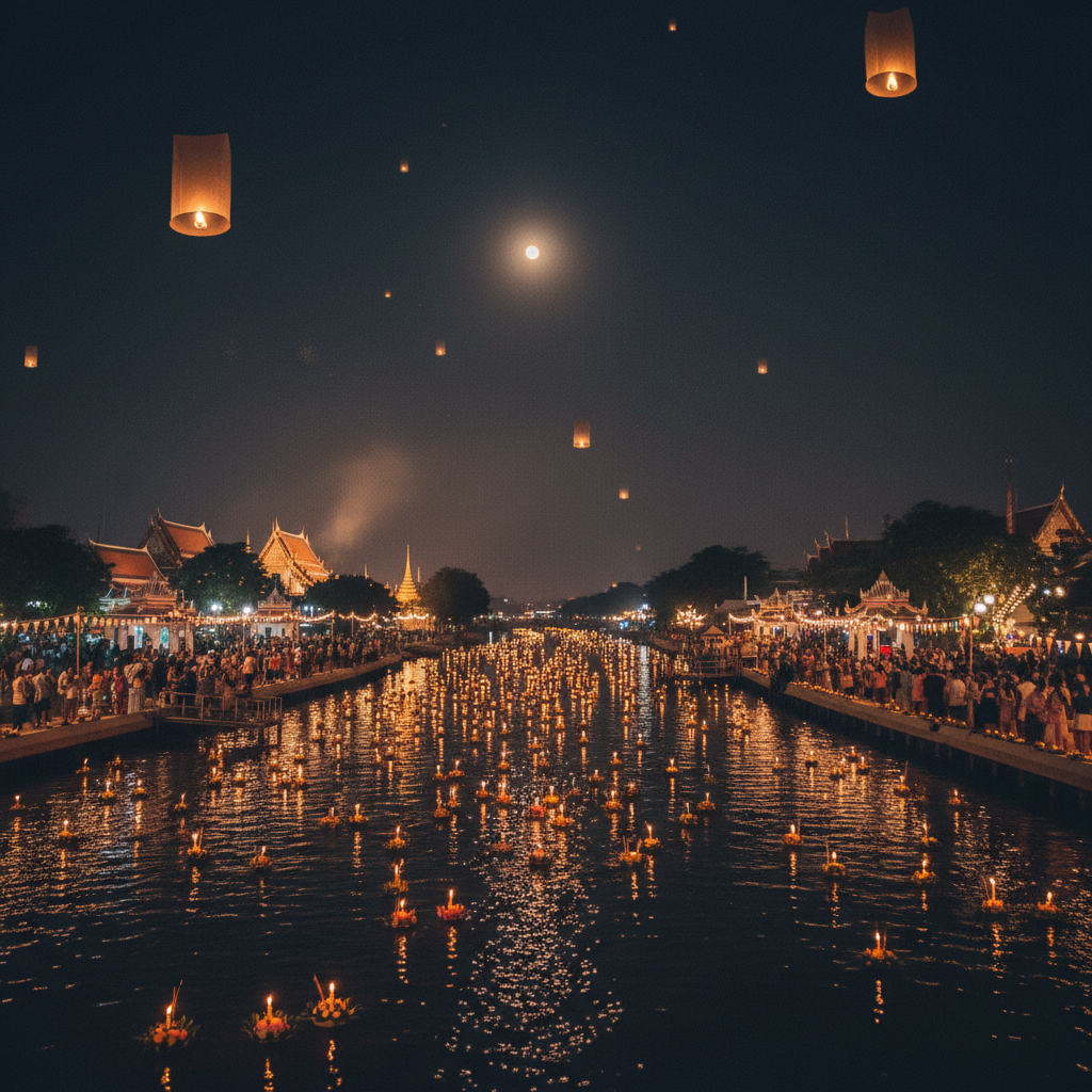 Loy Krathong festival with floating krathongs