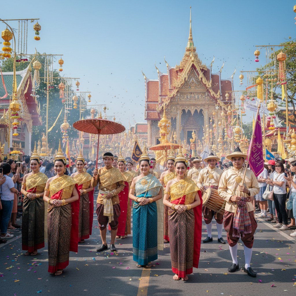 Traditional Thai festival with people in traditional attire