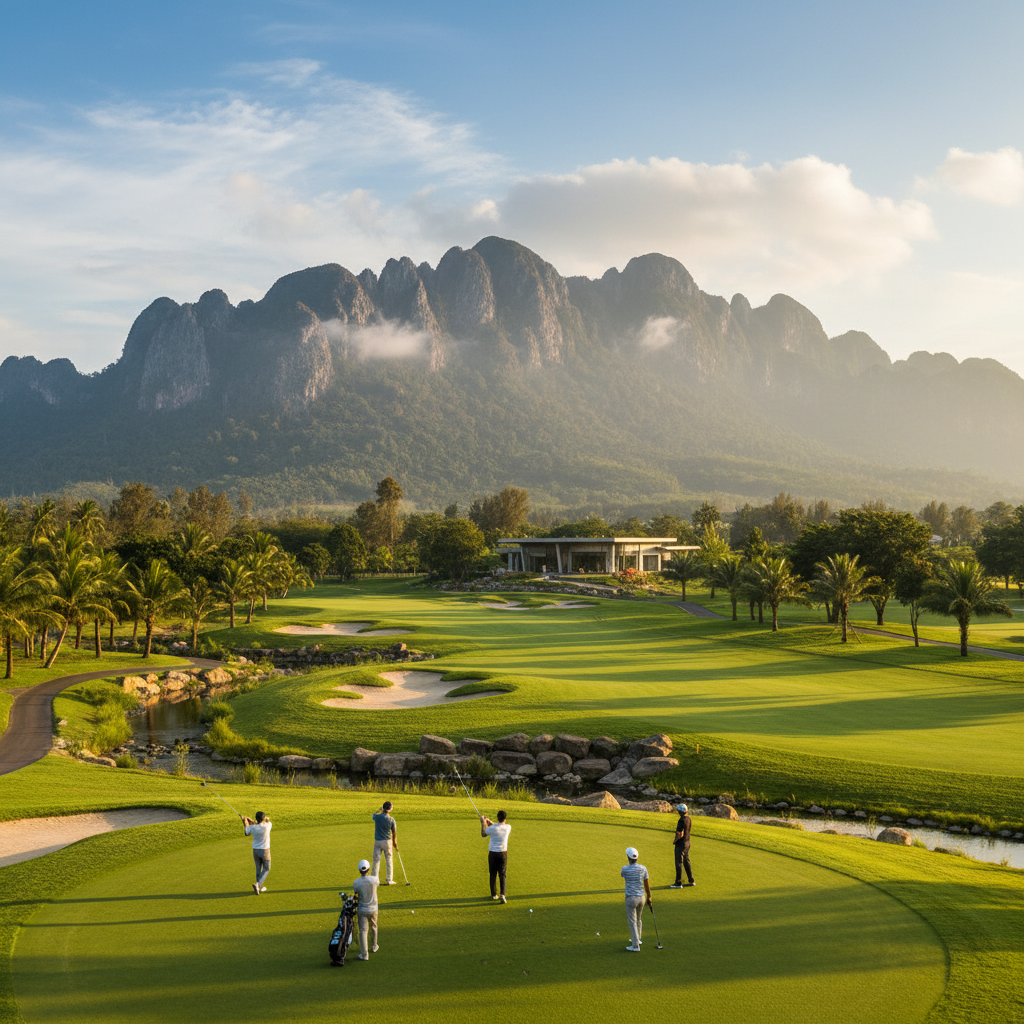 Golfers at Black Mountain Golf Club with mountain backdrop