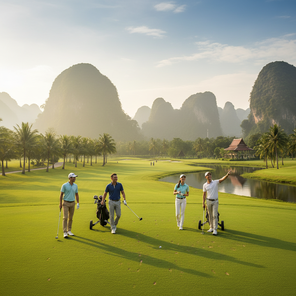 Golfers playing with a scenic Thai landscape in the background