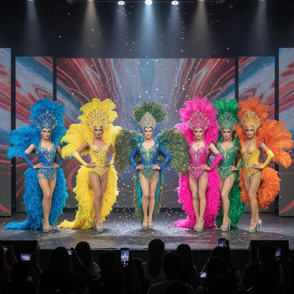 Bangkok cabaret show with performers in colorful costumes