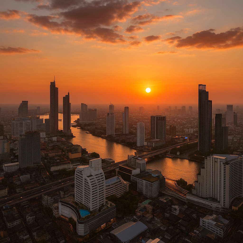 Solnedgang over Bangkoks skyline, ideel for udlændinge