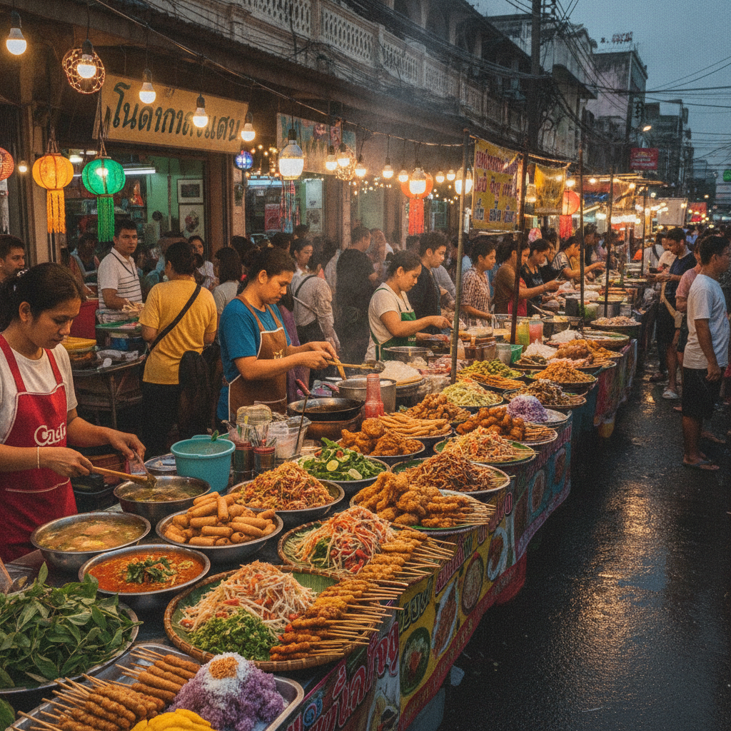 Thai street food market showcasing regional dishes