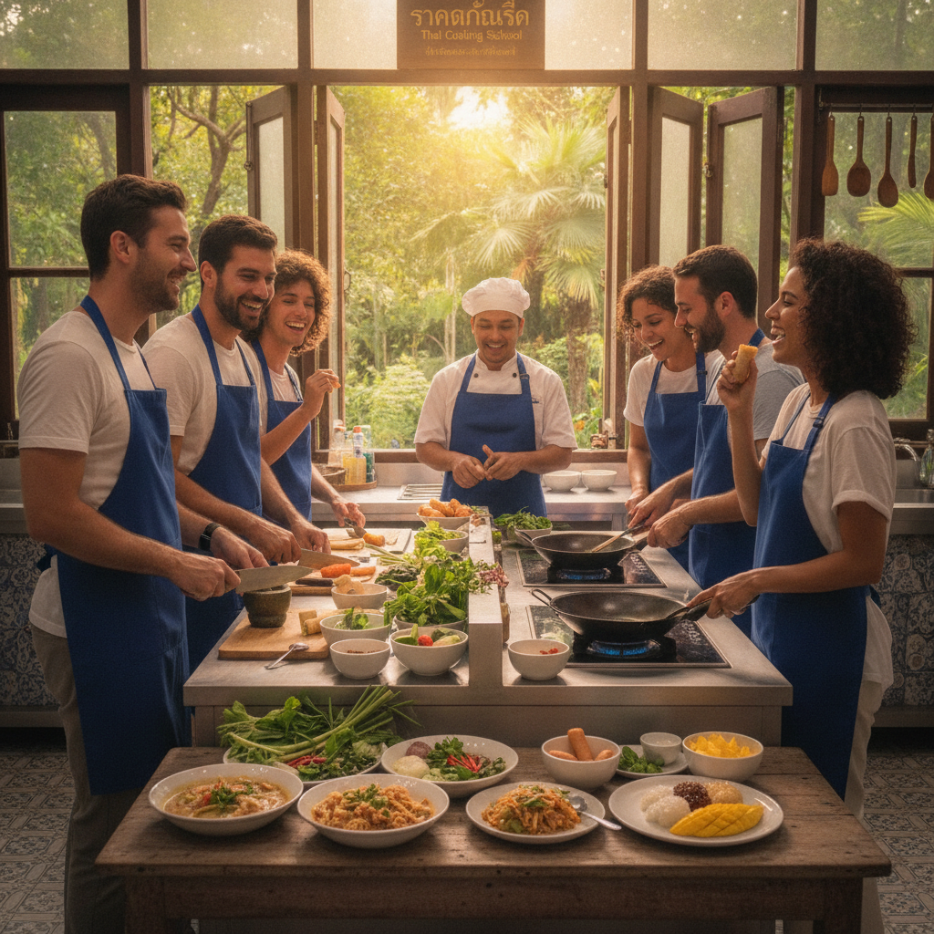 Expats enjoying a Thai cooking class on an island