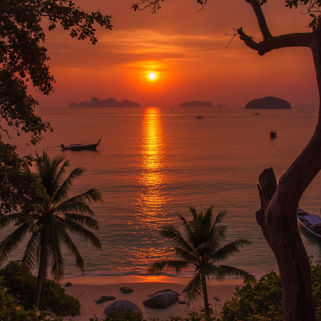Sunset over the ocean from a Thai island, symbolizing new beginnings for expats