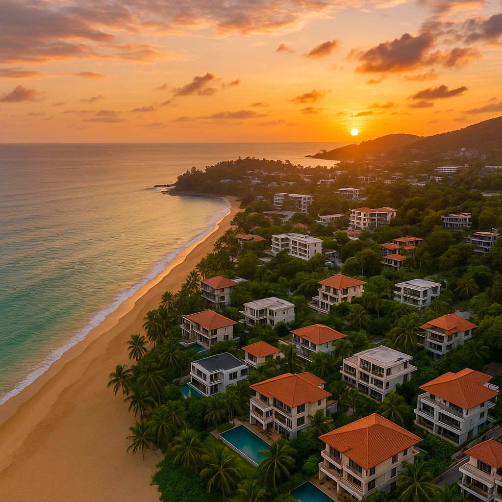 Luftfoto af strandnære ejendomme i Phuket ved solnedgang