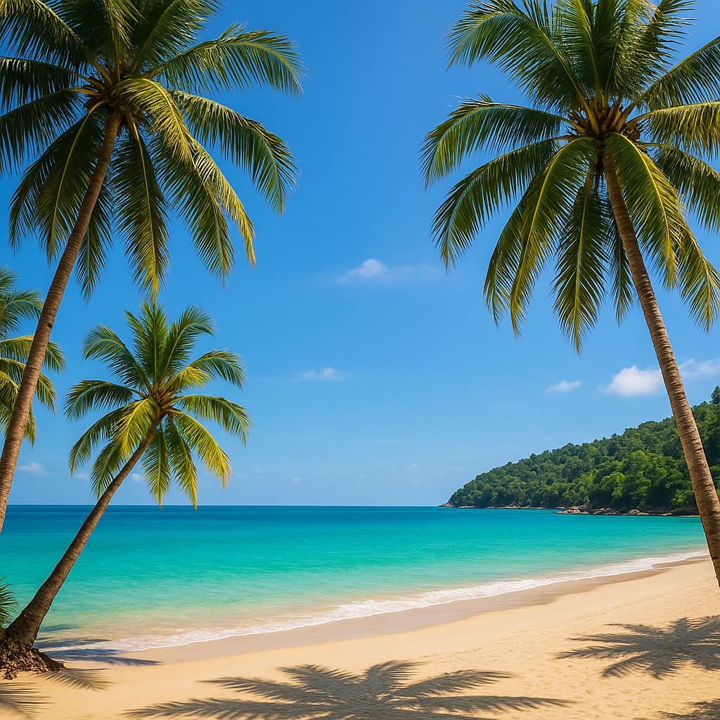Naturskøn udsigt over Phuket-strand med palmetræer og turkisblåt vand