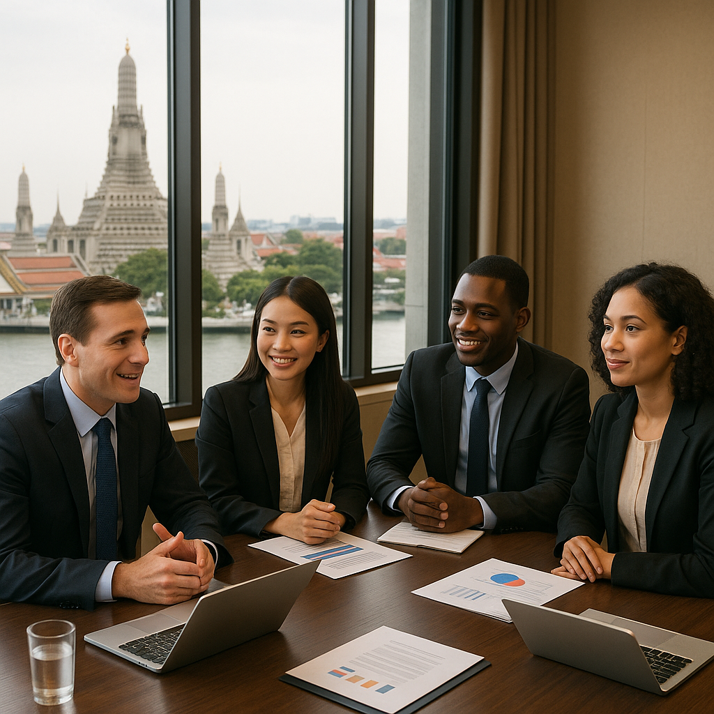 Multikulturelt forretningsmøde i Thailand, der symboliserer investeringssamarbejde